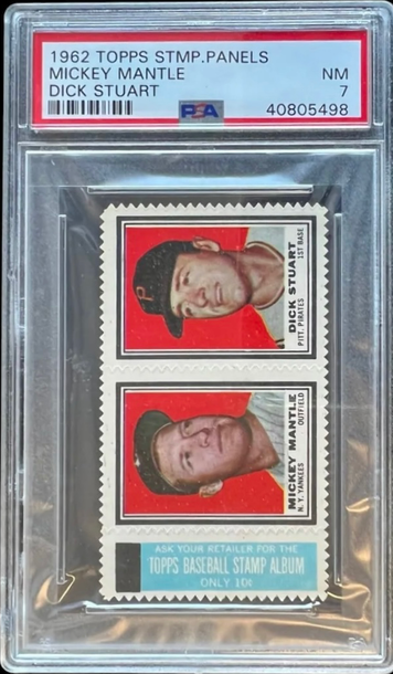 1962 TOPPS STAMP PANELS MICKEY MANTLE / DICK STUART PSA 7