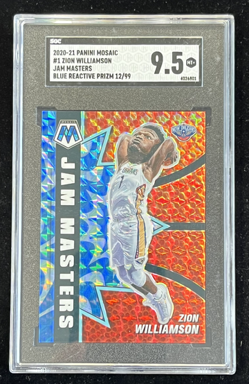 2020-21 Panini Mosaic ZION WILLIAMSON Jam Masters Blue Reactive Prizm /99 SGC9.5