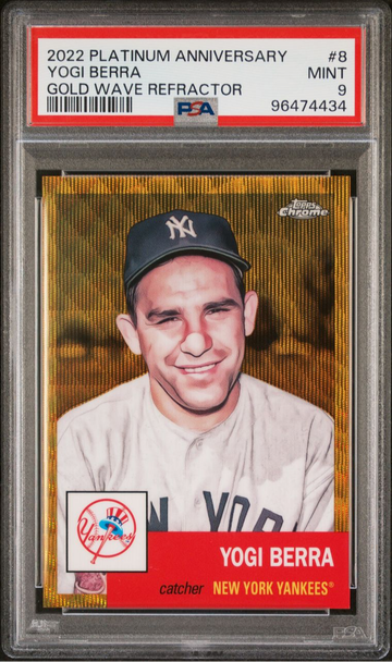 2022 Topps Chrome platinum anniversary yogi Berra PSA 9 8/50 jersey number. 