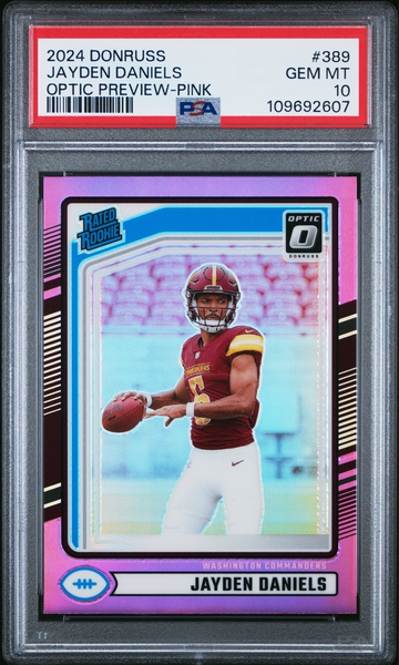 JAYDEN DANIELS OPTIC PREVIEW PINK HOLO ROOKIE 389 PSA 10 GEM MINT RC