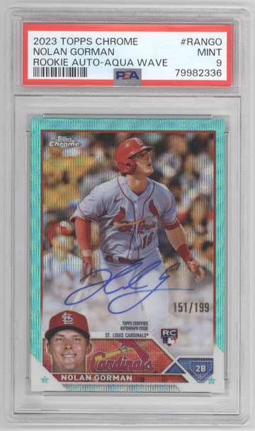 2023 Topps Chrome Rookie Autographs Nolan Gorman Aqua Wave Refractor #/199 PSA 9