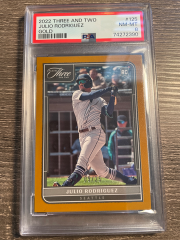 2022 panini three and two Gold julio rodriguez /25 PSA 8