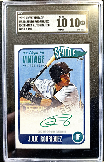 2020 ONYX Vintage Extended GREEN AUTO JULIO RODRIGUEZ /50 Mariners Rookie SGC 10