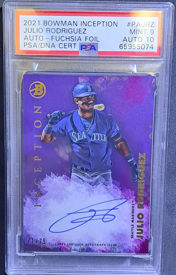 🔥2021 Bowman Inception JULIO RODRIGUEZ Fuchsia Purple Foil Auto #71/75 PSA 9 RC