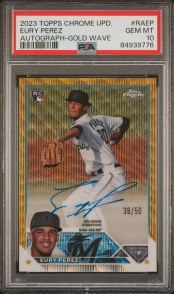2023 Topps Chrome Update Autograph Eury Perez #RAEP Autograph-Gold Wave Ref PSA 10 /50
