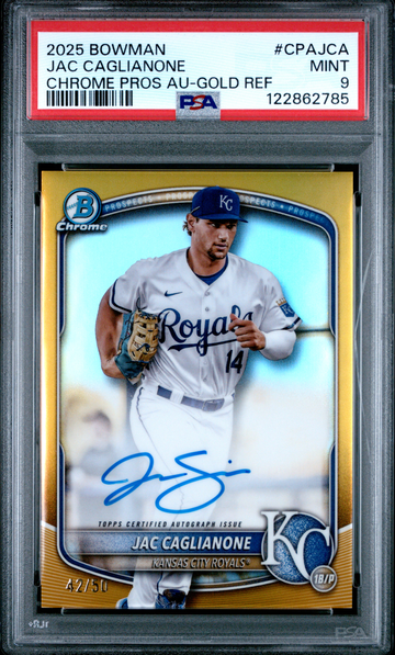 2025 Bowman Chrome Prospect Autographs Jac Caglianone #CPAJCA Chrome Pros Au-Gold Ref PSA 9