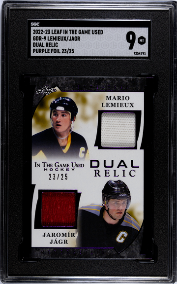 2023 leaf in the game used lemieux/jagr duel relic purple foil /25 sgc 9