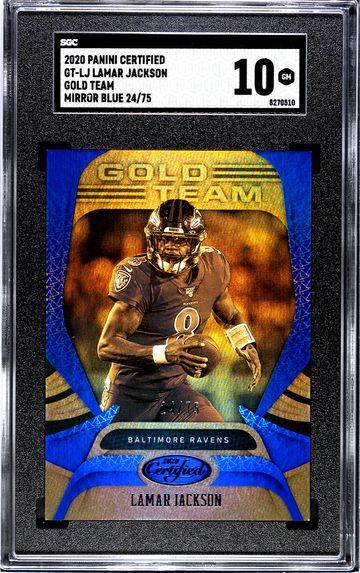 2020 panini certified lamar jackson gold team blue mirror /75 sgc 10