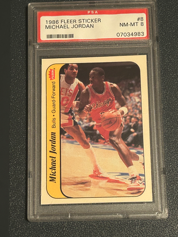 1986 Fleer Michael Jordan Rookie Sticker #8.  PSA 8!  NO QUALIFIERS 