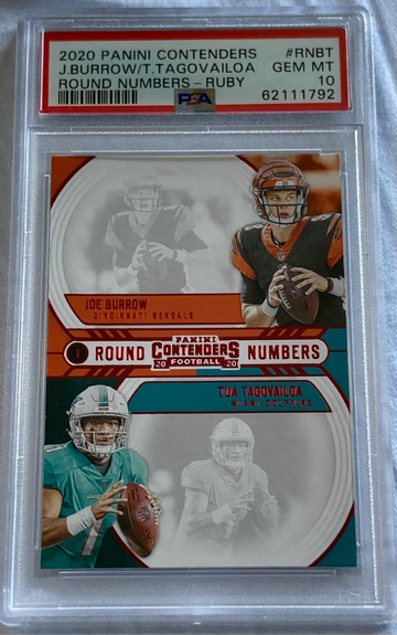 2020 Panini Contenders Joe Burrow/Tua Tagovailoa Ruby Round Numbers PSA 10