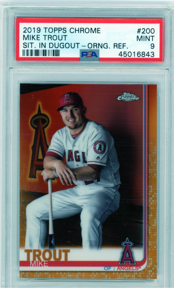 2019 Topps Chrome #200 Mike Trout Sitting in Dugout Orange Refractor PSA 9 Mint!