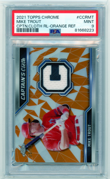 2021 Topps Chrome #CCRMT Mike Trout CPTN.CLOTH RL-Orange Refractor PSA 9 MINT!