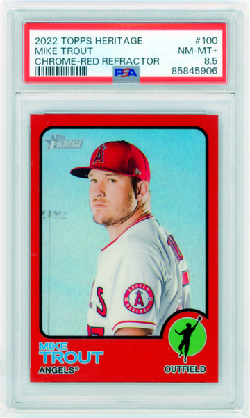 2022 Topps Heritage #100 Mike Trout Chrome-Red Refractor PSA 8.5 NM-MT+!