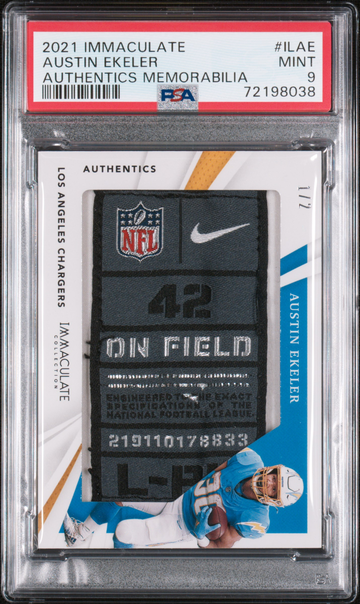 Austin Ekeler 2021 Immaculate Football Game Used Laundry Tag /2 Chargers PSA 9
