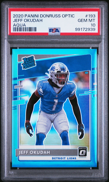 2020 Panini Donruss Optic Jeff Okudah Aqua #/299 #193 NFL Lions PSA 10 GEM
