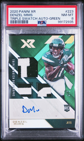 2020 Panini XR Denzel Mims Triple Swatch Auto Green #/5 #223 RPA Jets PSA 8