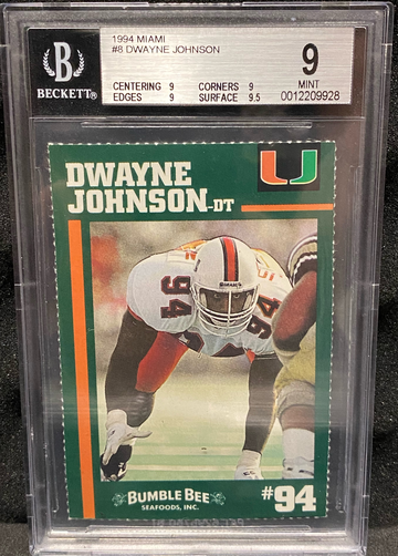 1994 MIAMI BUMBLE BEE PERFORATED DWAYNE THE ROCK JOHNSON ROOKIE CARD BGS 9