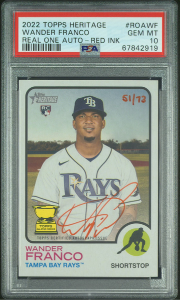 2022 Topps Heritage Wander Franco Real One Red Ink Auto RC /73 PSA 10
