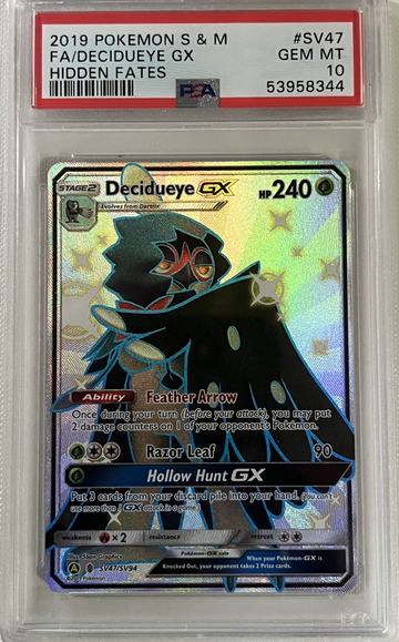 PSA 10 DECIDUEYE GX SV47 HIDDEN FATES S & M POKEMON 2019