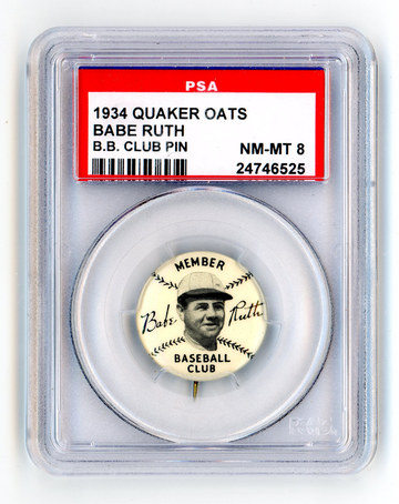 1934  QUAKER OATS BABE RUTH BB CLUB PIN PSA 8