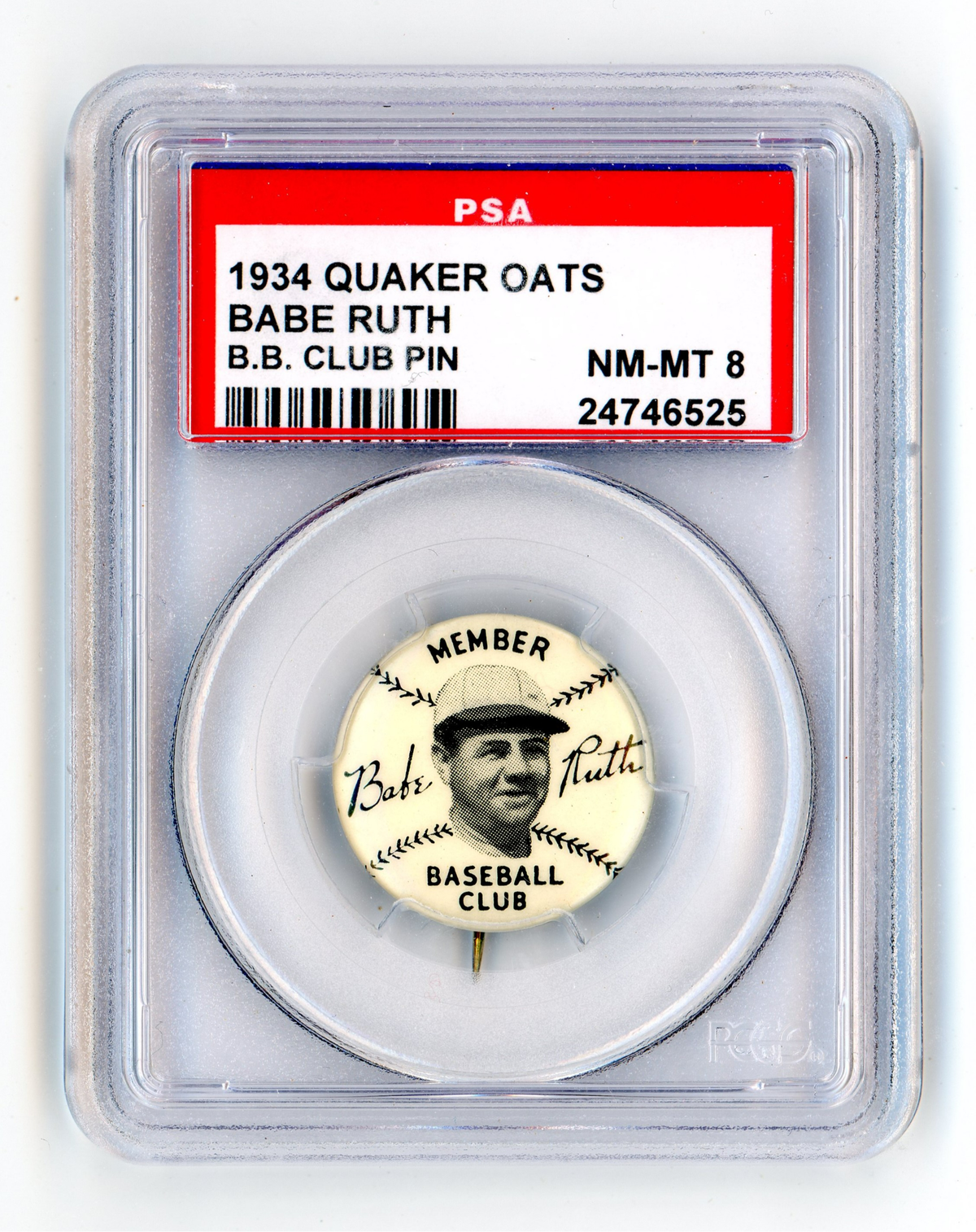1934 QUAKER OATS BABE RUTH BB CLUB PIN PSA 8 | MySlabs
