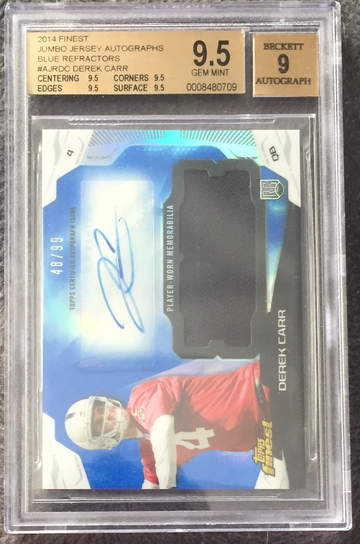2014 Derek Carr Topps Finest Auto Jumbo Relics RC Blue Refractor /99 Beckett 9.5