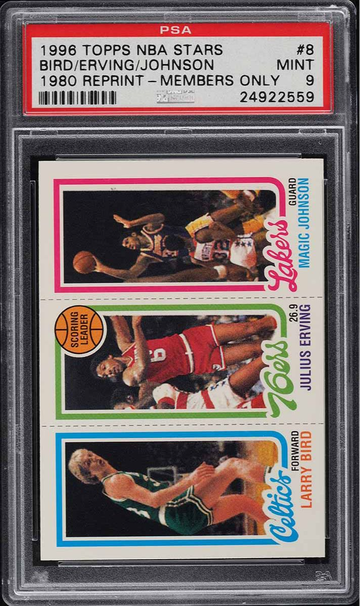 1996 Topps NBA Stars '80 Reprint Members Only Larry Bird Julius Erving Magic Johnson PSA 9