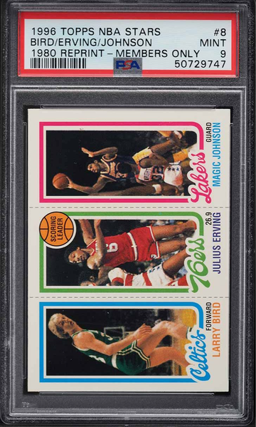 1996 Topps NBA Stars '80 Reprint Members Only Larry Bird Julius Erving Magic Johnson PSA 9