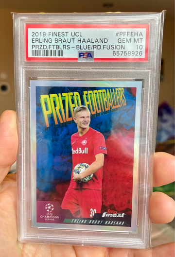 2019 Topps Finest UCL Erling Haaland Prized Footballers Blue Red Fusion PSA 10