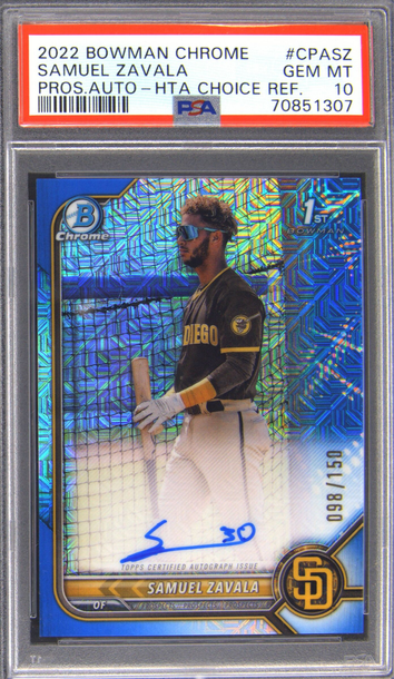 Samuel Zavala 2022 Bowman Chrome HTA Choice Blue Refractor Auto 098/150 PSA 10