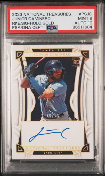 2023 National Treasures Junior Caminero Holo Gold Auto #/25 PSA 9/10