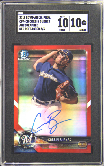 2018 Corbin Burnes Bowman Chrome RED Refractor Auto /5 SGC 10/10 GEM MINT
