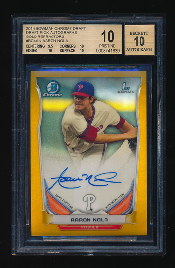 2014 Bowman Chrome Draft Aaron Nola Gold Refractor Auto RC, BGS 10 PRISTINE