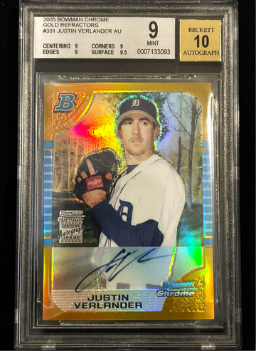 2005 Bowman Chrome #331, Justin Verlander GOLD Auto RC Refractor /0, BGS 9 10 