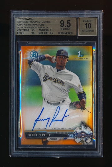 2017 Bowman Chrome Freddy Peralta Orange Refractor Auto RC /25, BGS 9.5 10