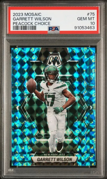 2023 Mosiac Garrett Wilson Peacock  SSP case Hit white Jersey Variant pop 3