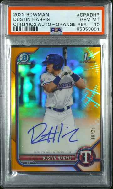 2022 Bowman Dustin Harris Orange Refractor Autograph /25 PSA 10 Gem Mint
