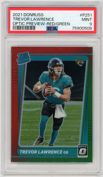 TREVOR LAWRENCE 2021 Panini Donruss Optic Preview Red Green Prizm Rc #P251 PSA 9