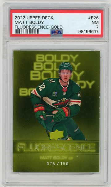 MATT BOLDY 2022-23 Upper Deck Fluorescence GOLD Rc #75/150 PSA 7