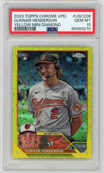 GUNNAR HENDERSON 2023 Topps Chrome Update Yellow Mini Diamond Rc #70/75 PSA 10