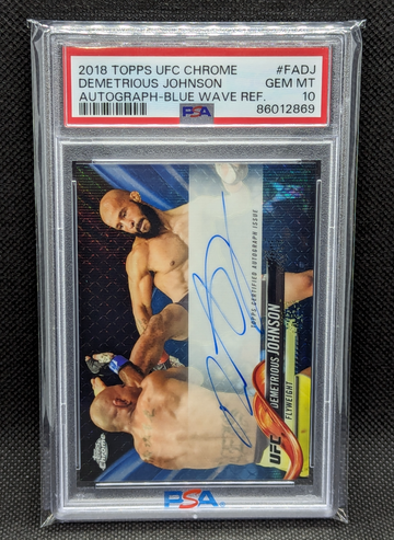 2018 Topps UFC Chrome Demetrious Johnson #FADJ Blue Wave Refractor PSA 10