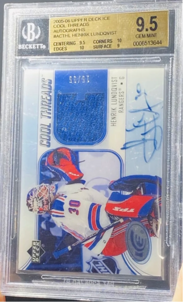2005 Upper Deck Ice Cool Threads Henrik Lundqvist Rookie Jersey Auto #’d /35 BGS 9.5