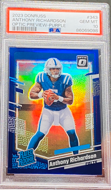2023 Donruss Anthony Richardson Optic Preview Rated Rookie Purple #’d /50 PSA 10 
