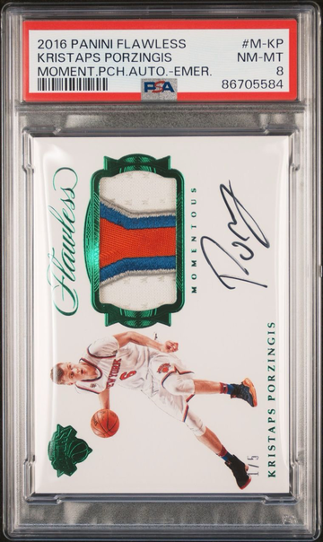 2016 Panini Flawless Kristaps Porzingis Patch Autograph Emerald /5 PSA 8