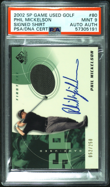 2002 SP Game Used Phil Mickelson Rookie Game Worn Shirt Auto /250 PSA 9