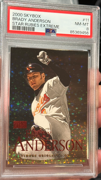 2000 SkyBox Brady Anderson Sky Rubies Extreme /50 PSA 8