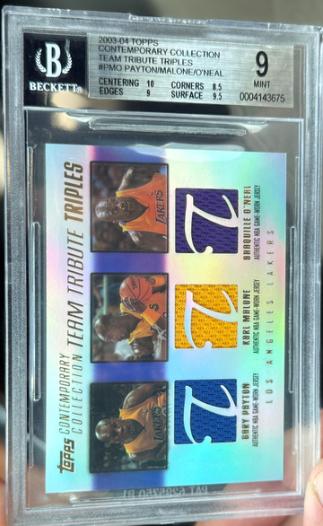 2003 Topps Contemporary Collection Shaquille O'Neal Gary Payton Karl Malone Team Tribute Triples Jersey /50 BGS 9