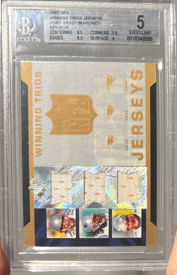 2007 SPx Tom Brady Tedy Bruschi Laurence Maroney Winning Trios Game Worn Jersey BGS 5