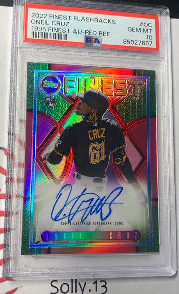 2022 TOPPS FINEST FLASHBACKS ONEIL CRUZ RC RED REFRACTOR AUTO /5 ON CARD PSA GEM MT 10 Pop 2! 