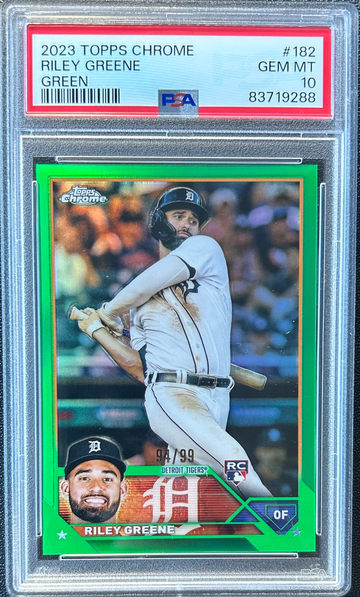 Riley Greene 2023 Topps Chrome #182 Rookie Green Refractor /99 SP Tigers RC PSA 10